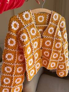 Women's <b>Crocheted</b> Yellow <b>White</b> Floral <b>Cardigan</b> V Neck Full Sleeve Vintage Spring Medium Length Button Closure - Product Image 2