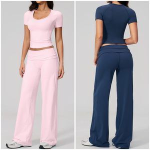 Ensemble de sport OEM en gros pour femmes : T-shirt de gym brossé à manches courtes et taille haute, et pantalon de survêtement ajusté pour l'entraînement en extérieur - Product Image 6