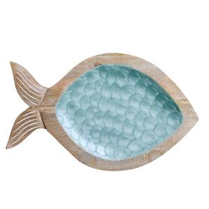 Plato de Pescado de Madera Esmaltada en Color Cian Pastel, Estilo Oceánico, Tallado a Mano con Motivo de Escamas, para Servir Aperitivos, Vajilla para Mesa de Comedor junto al Mar - Product Image 2