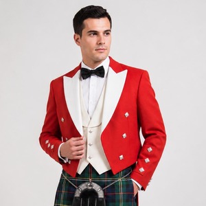 Chaqueta Roja Prince Charlie para Hombre con Solapas Blancas y Botones Plateados, Traje Escocés Formal - Product Image 5