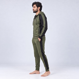 Conjunto Deportivo para Hombre con Capucha y Cremallera, Bloques de Color, Manga Larga, Pantalón Largo, Verde Oliva y Negro, Premium - Product Image 2