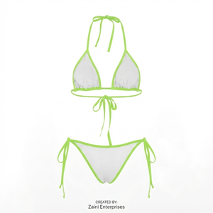 Premium 190 GSM Polyester Spandex Women <b>Bikini</b> <b>Set</b> <b>White</b> Neon Green Contrast Binding Triangle Halter Tie Side Custom Embroidery - Product Image 2