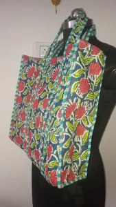 Designer Blue <b>Quilted</b> Cotton Tote Bag with Red Floral Hand Block print Open Casual Shopping Reusable <b>Handbag</b> For Women - Product Image 3