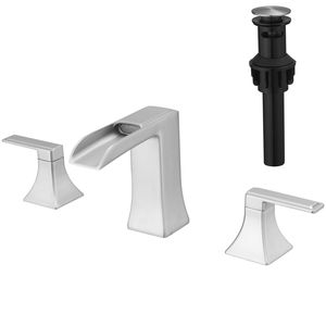 Grifo de lavabo de baño de 8 pulgadas de ancho, níquel cepillado, con desagüe de 3 orificios y doble manija, grifo de baño de 8 pulgadas de ancho - Product Image 1