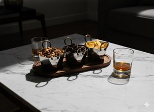 Bol de service en acier avec plateau hexagonal finition argentée, poignées et base en bois d'acacia naturel pour servir des collations ou des dîners - Product Image 2