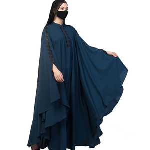 Abaya bleu foncé brodée à manches longues, robe musulmane modeste, longueur ras du sol, col montant, coupe ample, tenue quotidienne pour femme - Product Image 3