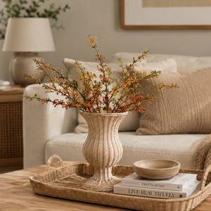 Jarrón de ratán tejido con base, estilo vintage bohemio, decoración para el hogar, tendencia actual, florero de suelo, florero de mesa, hecho en Vietnam. - Product Image 5
