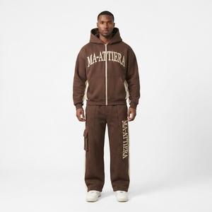 Ensemble sweat à capuche et pantalon cargo marron bicolore zippé pour homme, style streetwear oversize - Product Image 1
