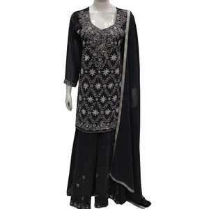 FAMUCAAS <b>Purple</b> Hand Embroidered Georgette Women's Indian/Pakistani <b>Party</b> All Seasons V Neck Long Sleeve Salwar Kameez <b>Dress</b> Set - Product Image 2
