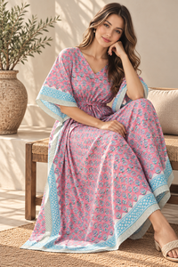 Pink Floral Print Bohemian <b>Kaftan</b> <b>for</b> <b>Women</b> Turquoise Border V-neck Maxi Dress Drawstring Waist All Seasons Resort Wear 100% - Product Image 6