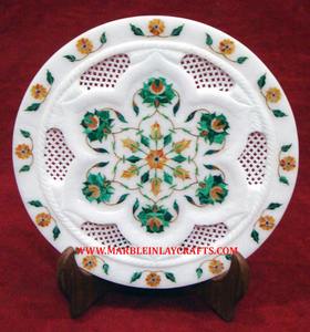Assiette en marbre de haute qualité, incrustée à la main, de forme ronde, avec un motif floral fin, surface brillante, pour les mariages et les événements professionnels - Product Image 6