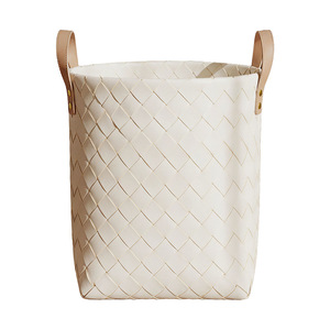 Woven Leather <b>Storage</b> Basket <b>Collapsible</b> Organizer Bin with Side Handles for Bedroom Nursery Closet - Product Image 1