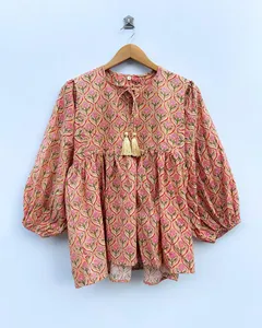 Robe mini décontractée d'été élégante en coton champagne à imprimé floral fait main, manches bouffantes, coupe ample bohème, col noué - Product Image 2
