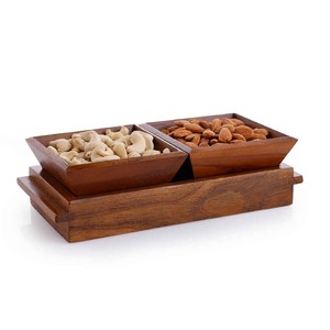 Premium Teak Wood Dual Compartment Serving <b>Bowl</b> Wholesale - Golden Mahogany Luxury Finish - Product Image 1