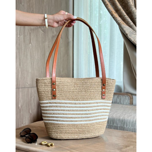 Sac à main décontracté pour femme en coton rayé 100 % avec poignées en cuir, fermeture ouverte, moderne et souple, idéal pour les vacances printemps-été - Product Image 2