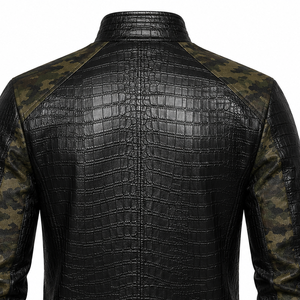 <b>Mens</b> Black Crocodile Embossed Faux <b>Leather</b> <b>Jacket</b> with Camouflage Sleeves OEM ODM Custom Logo Private Label Wholesale Outerwear - Product Image 6