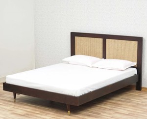 Modern Rattan Headboard <b>Bed</b> Frame Wooden Bedstead Black and Natural Panel <b>Bed</b> for Hotel Home Bedroom - Product Image 1