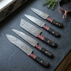 Ensemble de 5 couteaux de chef en acier Damas fait main avec manche en bois de Pakka et étui en cuir fin, cadeau de Noël pour vous - Product Image 4