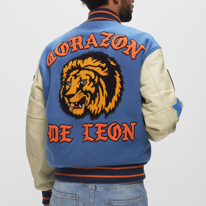 Blouson universitaire homme noir et orange en velours côtelé polyester/coton, col rabattu, style preppy, simple boutonnage, coupe droite - Product Image 3