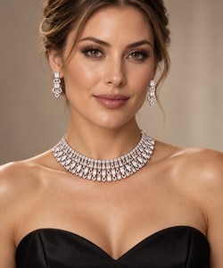 Conjunto de gargantilla en cascada de calidad premium con piedras rectangulares y redondas, aretes a juego, joyería de moda para mujeres, para bodas y fiestas. - Product Image 2