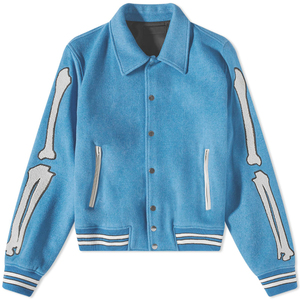Veste Bomber Vintage en Laine Unisexe Personnalisée avec Patchs Osselets Bleus pour Hommes – Style Streetwear et Universitaire – Vente en Gros - Product Image 1