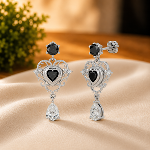 Boucles d'oreilles pendantes élégantes en forme de cœur noir avec diamants, en vermeil or blanc et moissanite, pour femme, idéales pour un anniversaire - Product Image 2
