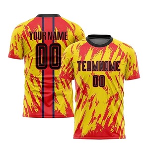 ชุดเสื้อฟุตบอลแบบซับลิเมชั่นสั่งทำพิเศษสำหรับผู้ชาย สีเหลืองแดง ลายสายฟ้า ระบายเหงื่อได้ดี ผลิตจากโพลีเอสเตอร์ 100% คอกลม แขนสั้น - Product Image 2