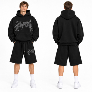 <b>Men's</b> Oversized Rhinestone <b>Hoodie</b> & Sweat <b>Shorts</b> <b>Set</b> Heavyweight Fleece Streetwear Track Suit <b>Men</b> Causal Hooded <b>Shorts</b> Track <b>Set</b> - Product Image 2