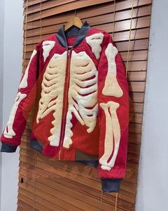 Custom Woolen Winter Stand Skeleton Applique Zip Bomber Jacket Unisex Streetwear Fleece Varsity <b>Coat</b> Red <b>Black</b> Vintage Design - Product Image 6