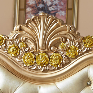 Juego de dormitorio de lujo estilo francés con cabecero tapizado capitoné, cama principal antigua de caoba maciza tallada a mano en dorado para apartamento - Product Image 5