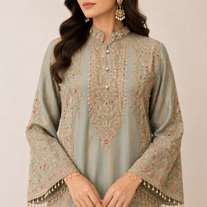 Luxury Cotton Pakistani Long Cut Embroidered Suit Women Premium Designer Dust Pink Party Wedding Wear Straight Kurta Palazzo - Product Image 4
