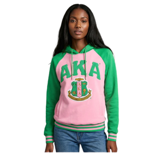 Sudadera con Capucha Bicolor AKA Rosa y Verde con Letras Griegas Bordadas para Mujer, Chaqueta Casual de Forro Polar - Product Image 4