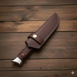 Couteau de poche artisanal en acier inoxydable de qualité industrielle avec manche en bois et étui en cuir, lame droite à pointe clip - Product Image 5