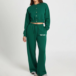 Ensemble de survêtement vert uni pour femme, sweat-shirt court boutonné, pantalon de survêtement à jambes larges avec logo imprimé, tenue décontractée - Product Image 4