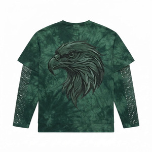 Camiseta de algodón 100% con cuello en V, gráfico verde lavado al ácido, oversize, personalizada para hombre, 2 en 1, con pedrería, manga larga, estilo Y2K, streetwear, al por mayor - Product Image 2