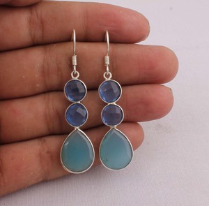 Natural Blue Quartz & Aqua Chalcedony <b>Earrings</b> 925 Sterling Silver Jewelry Manufacturer Wholesale <b>Handmade</b> Gemstone Drop Dangle - Product Image 2