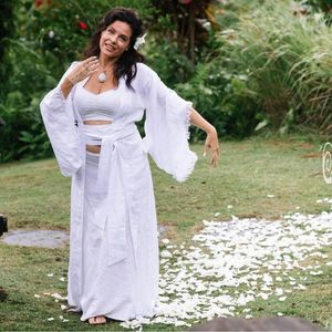 ชุดกิโมโนผ้าลินินสำหรับผู้หญิง สีขาว สไตล์โบโฮ ชุดกิโมโนสำหรับงานแต่งงาน เสื้อคลุมแบบพันตัว มีชายครุย ไซส์พลัส ชุดลำลอง - Product Image 4