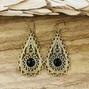 Statement Design Trendy Teardrop Dangle <b>Earrings</b> Boho Brass Jewelry Women Antique Brass Finish Tribal <b>Black</b> <b>Onyx</b> Wholesale/OEM - Product Image 1