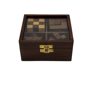 Ensemble de 4 puzzles en bois artisanaux en bois de rose indien, jeux de réflexion, boîte cadeau avec couvercle en verre, qualité supérieure - Product Image 1