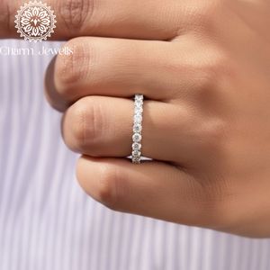 Charm_Jewells Women's 925 <b>Silver</b> Moissanite Eternity <b>Band</b> <b>Ring</b> Round Brilliant Cut Pave Setting Classic Style Wedding <b>Ring</b> - Product Image 4