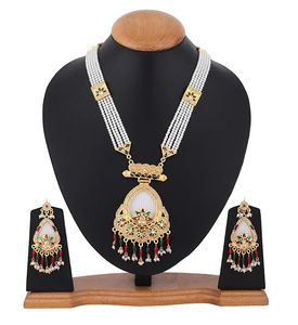 Indian Gold Plated Zinc Alloy Long Necklace Earring Set Traditional Ethnic Women's Wedding Jewelry Zircon Flower Design Channel - Product Image 4