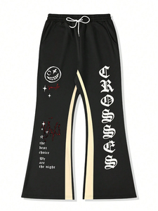 <b>Black</b> Flare <b>Pants</b> With Side Stripe And Graphic Print Streetwear Style Drawstring Waist Loose Fit Full Length <b>Women's</b> <b>Pants</b> - Product Image 1