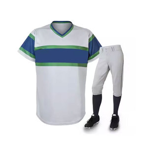 Tenue de baseball adulte sublimée, maillot rayé blanc, bleu, vert à col en V avec pantalon gris en polyester anti-humidité - Product Image 1