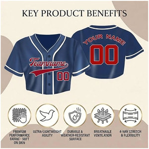 Maillot de baseball court personnalisé pour femme – Nom et numéro d'équipe sur mesure, graphiques non-décollables, léger, manches courtes, col en V, bleu - Product Image 2