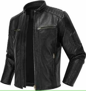 Blouson moto homme en cuir PU coupe ajustée, col montant, fermeture éclair, coupe-vent, manches classiques, couleur unie, pour l'automne - Product Image 2