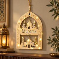 Décoration murale en bois décorative Eid Mubarak avec mosquée découpée au laser et LED blanc chaud pour la décoration de la maison pendant le Ramadan