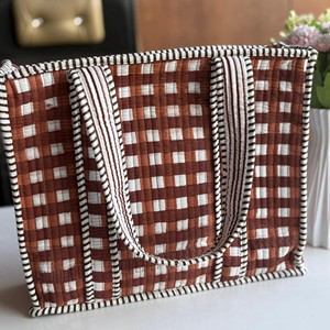 Sac fourre-tout bohème en toile à motif à carreaux, ouvert en dessus, pour femmes, idéal pour le shopping toutes saisons - Product Image 5