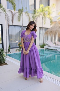 Latest Designer Readymade Gown in Mal Chanderi with Beads Embroidery Work for Party and Festive Occasion for Women Fancy Wear - Product Image 2