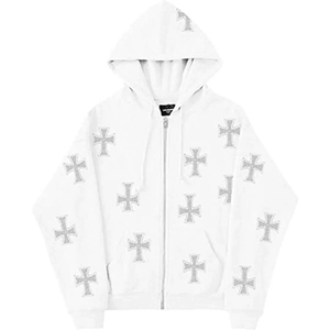 <b>White</b> Embroidered Cross <b>Hoodie</b> <b>Women</b> Casual Zip-Up Sweatshirt 100% Cotton Knitted Autumn Style Regular Fit - Product Image 1