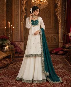 Ensemble Anarkali en soie brodée blanc et turquoise avec dupatta, tenue traditionnelle indienne et pakistanaise pour femmes, idéal pour les mariages. - Product Image 2
